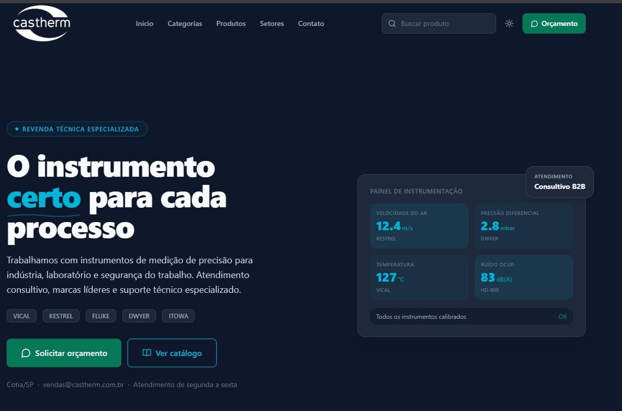 Página inicial do site da Cas Therm, com busca de produtos e botão de orçamento